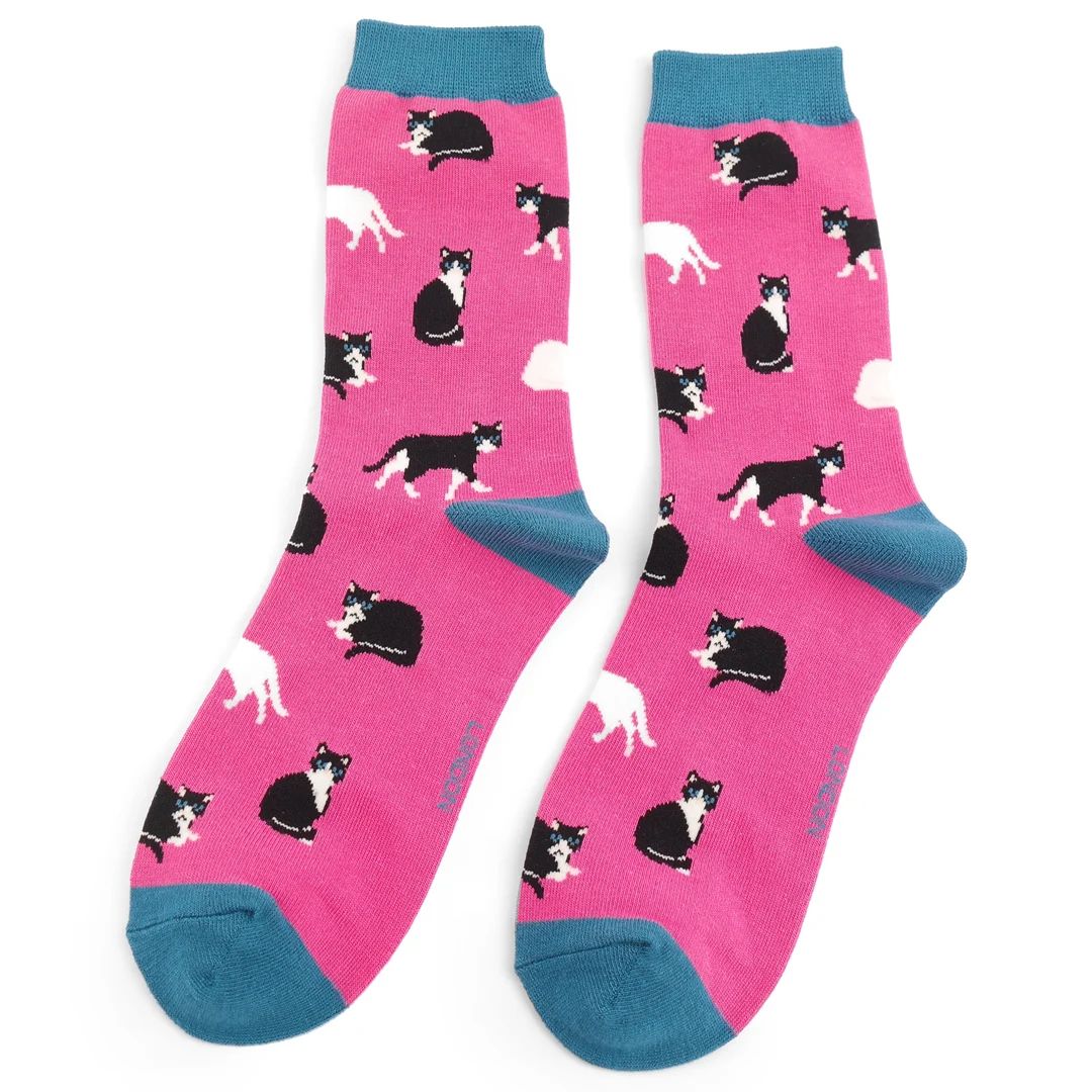 Miss Sparrow Black White Cats Socks Fuchsia Pink Sale