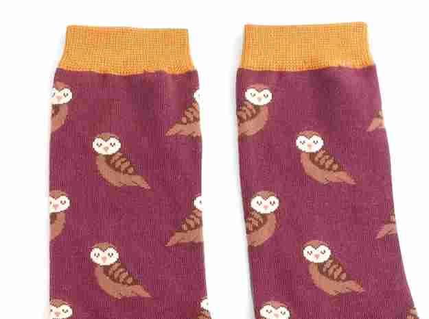 Mr Sparrow Mens Owl Socks Maroon Super Soft Bamboo Blend