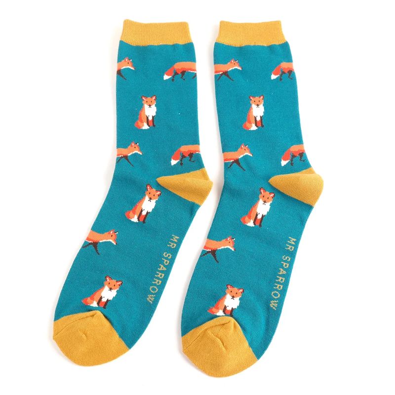 Mr Sparrow Mens Fox Socks Teal  Super Soft Bamboo Blend