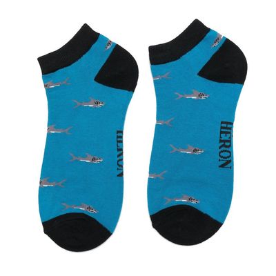MR HERON Mens Trainer Socks Little Sharks Teal Soft Breathable Bamboo Mix SALE