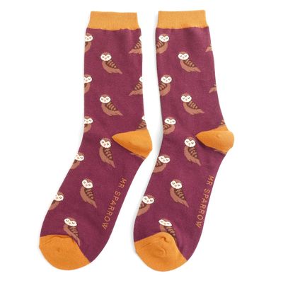 Mr Sparrow Mens Owl Socks Maroon Super Soft Bamboo Blend