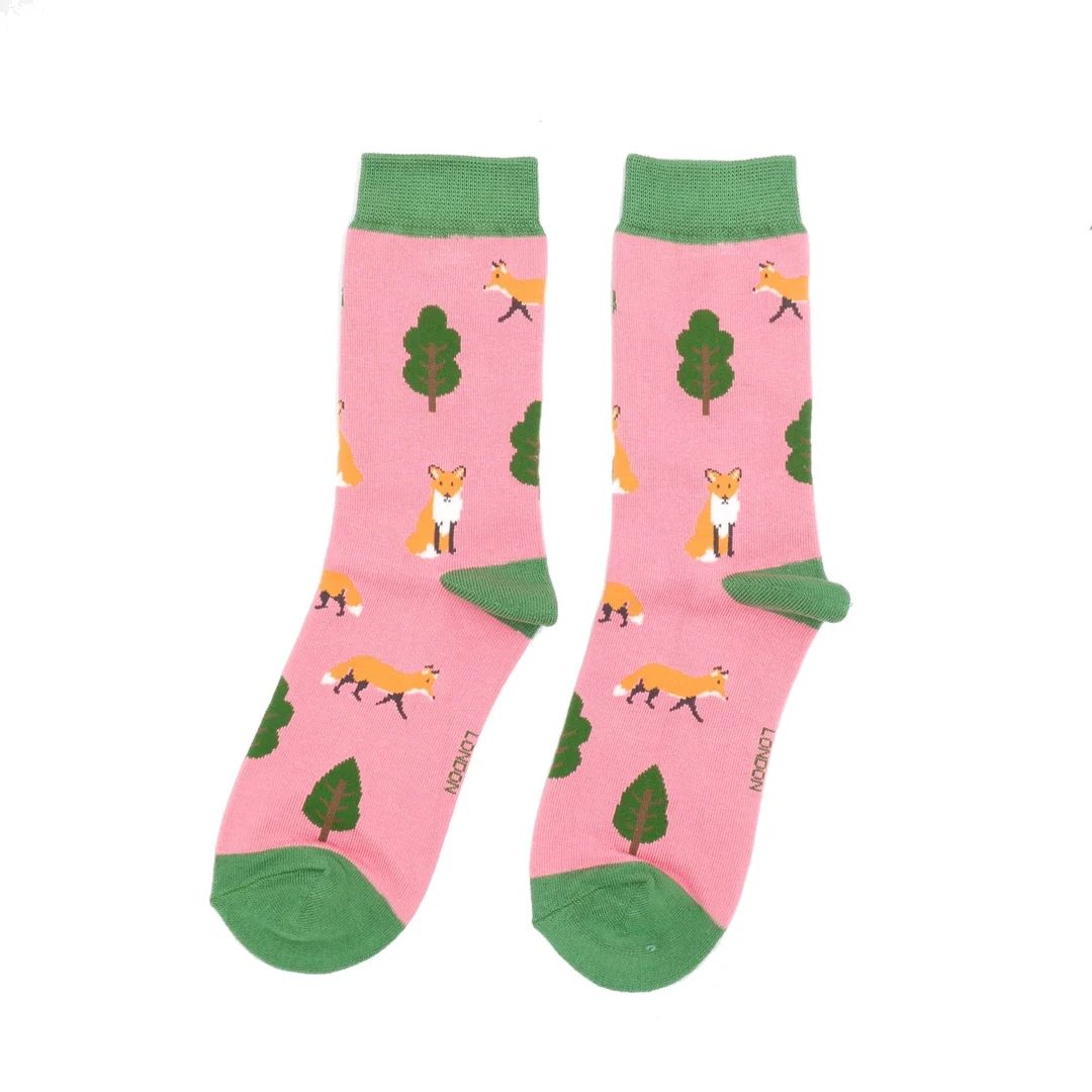 Miss Sparrow  Fox in the Woods Socks Pink Eco Friendly Bamboo Mix