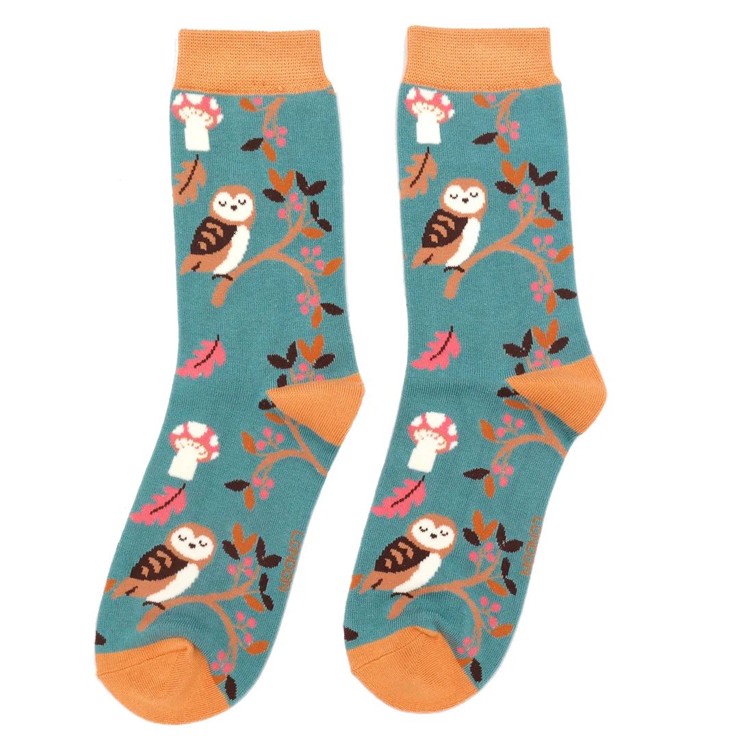 Miss Sparrow Woodland Owl Socks Teal Super Soft Bamboo Blend