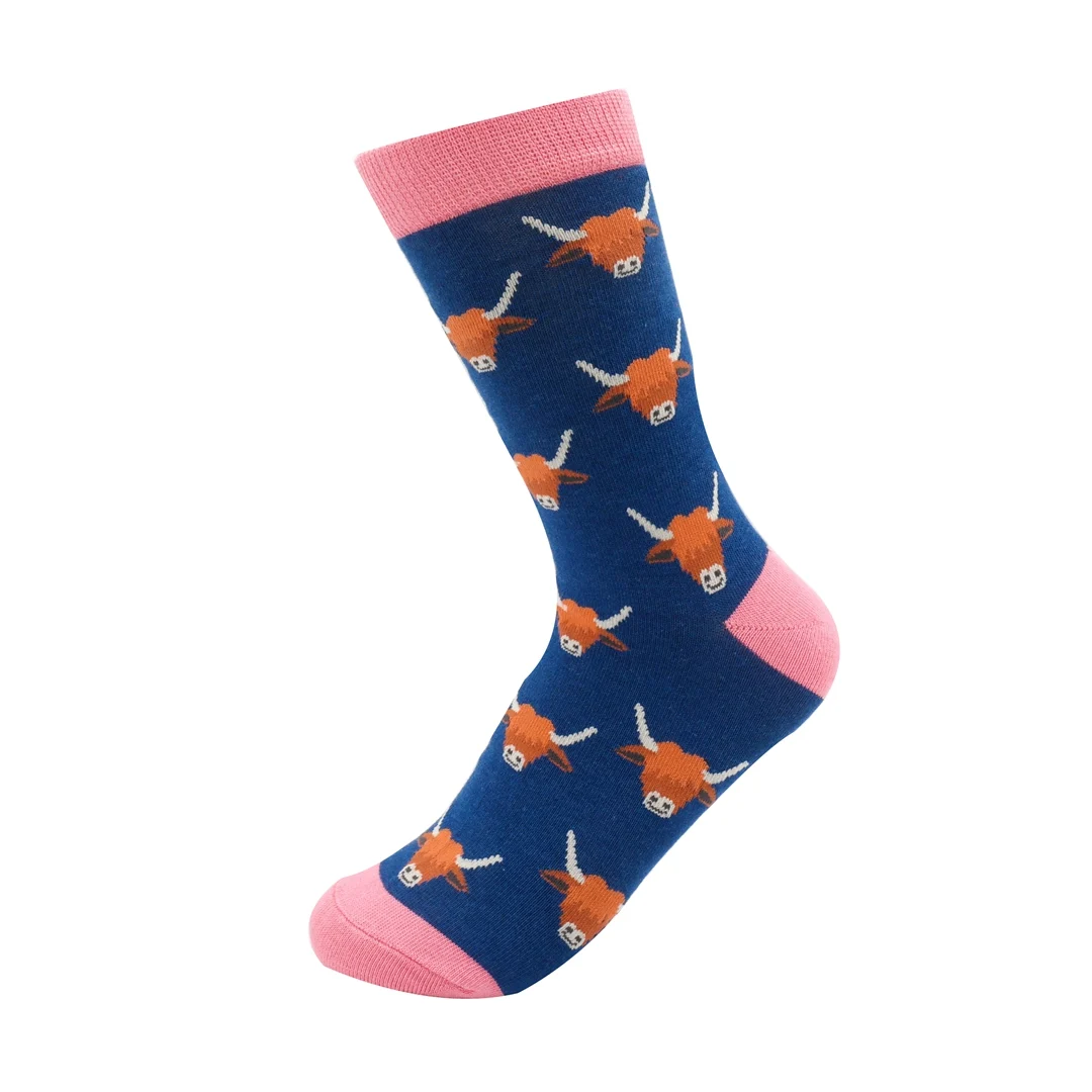 Miss  Sparrow Highland Cow Coo Socks Navy Bamboo Blend Gift From Scotland