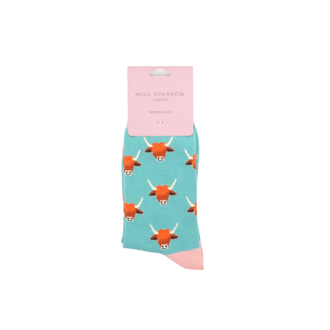 Miss  Sparrow Highland Cow Coo Socks Duck Egg Bamboo Blend Gift From Scotland