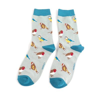 Miss  Sparrow Garden Birds Socks  Soft Bamboo Blend Agua Womens