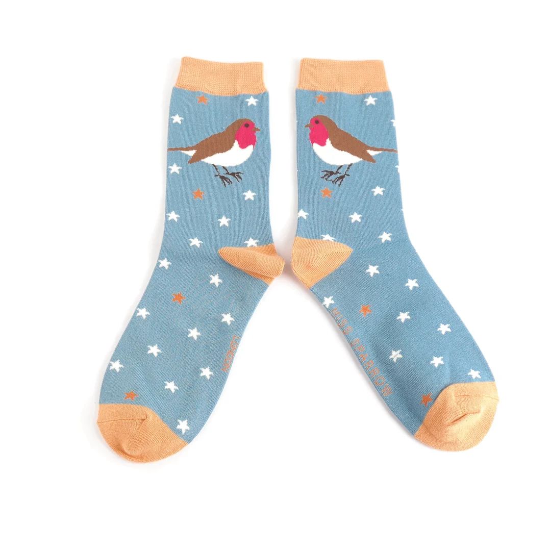 MISS SPARROW Socks Denim Festive Robin Soft Bamboo Blend Eco Friendly