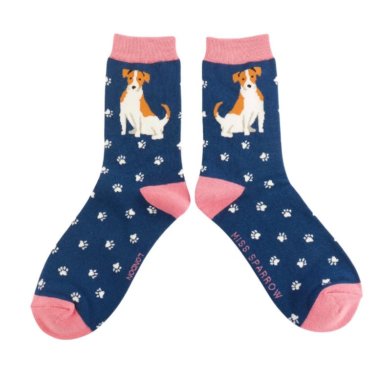 MISS SPARROW Jack Russels Socks Navy Blue  Soft Bamboo Blend