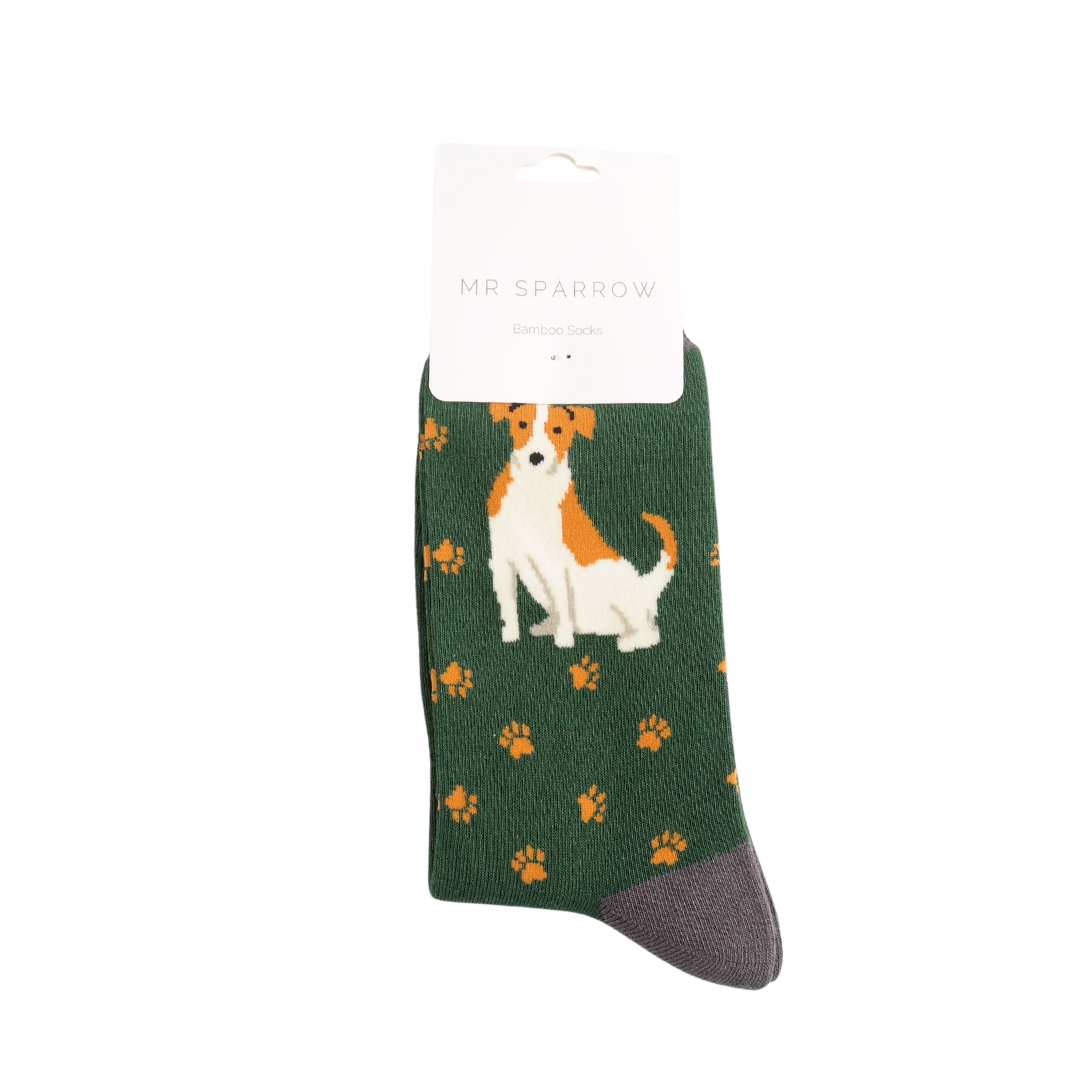 MR SPARROW Jack Russel Socks Green Blue Soft Bamboo Blend