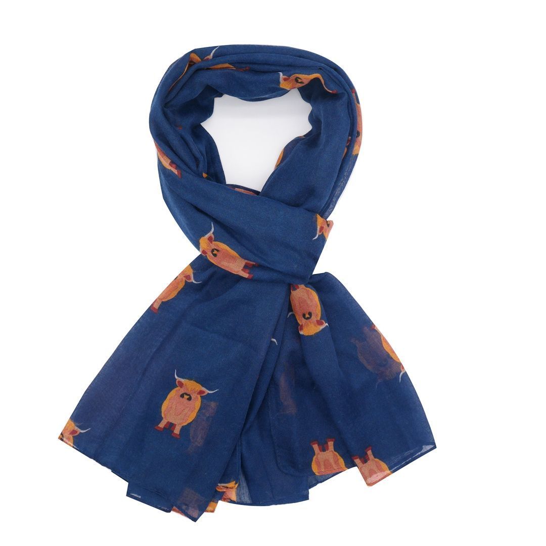 Pure Fashions Highland Cow Scarf Navy  A Gift From Scotland