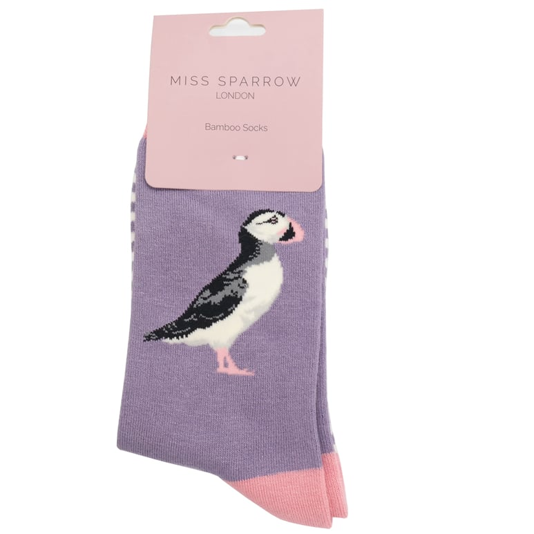 MISS SPARROW Lilac Grey Puffin  Socks Print Eco Friendly Soft Bamboo 3 to 7