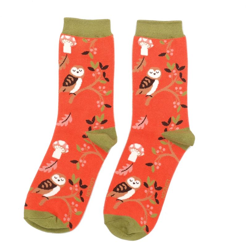 Miss Sparrow Woodland Owl Socks Burnt Orange  Super Soft Bamboo Blend