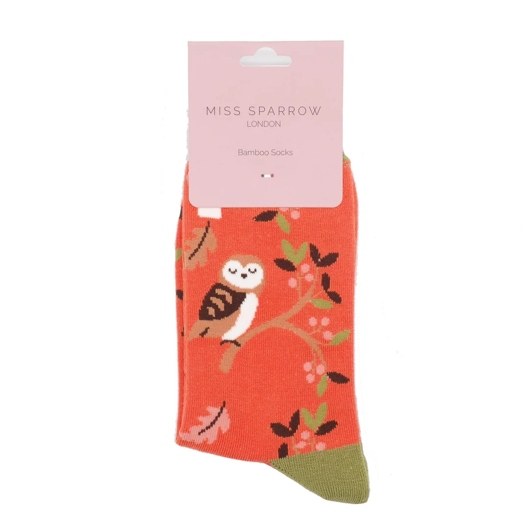 Miss Sparrow Woodland Owl Socks Burnt Orange  Super Soft Bamboo Blend
