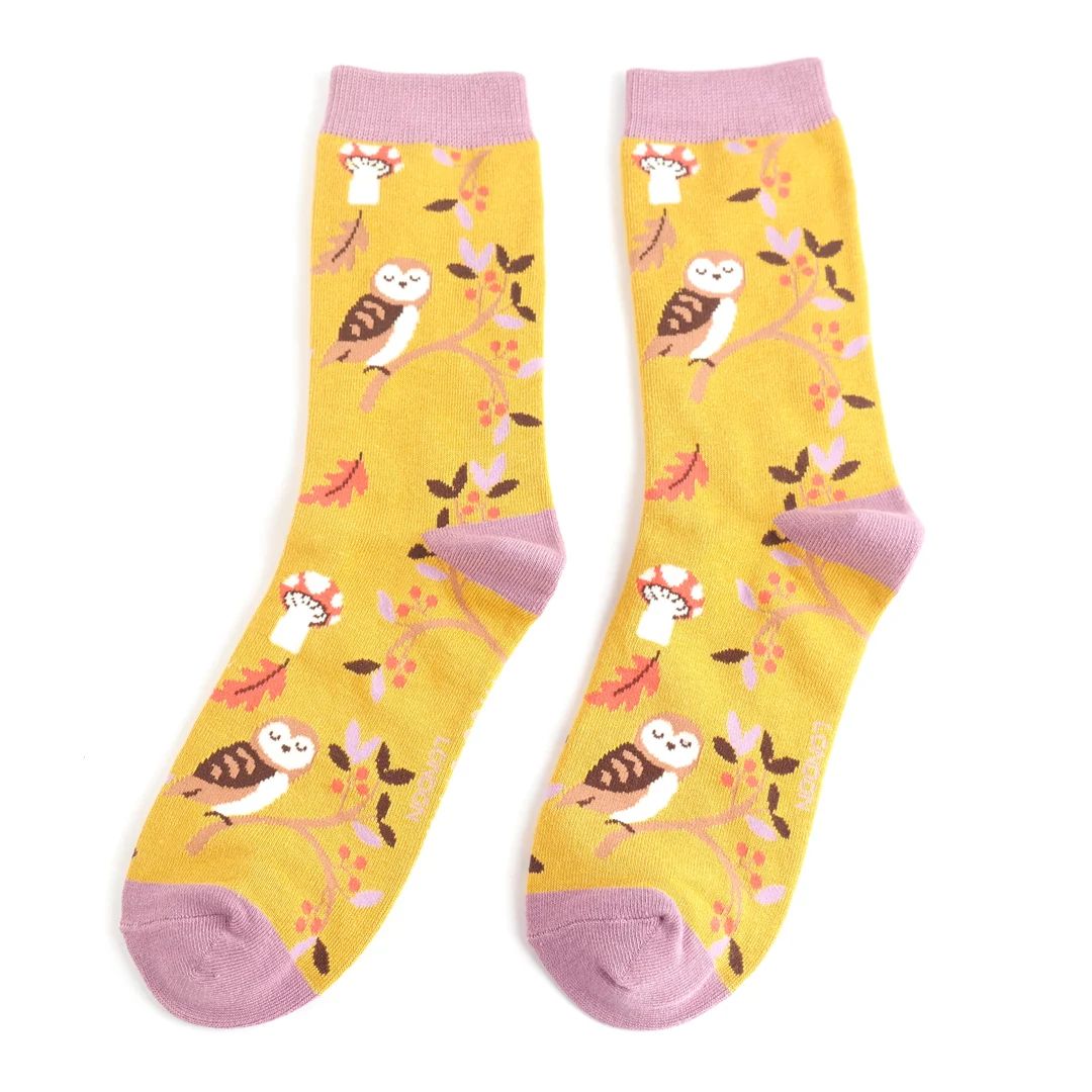 Miss Sparrow Woodland Owl Socks Yellow Super Soft Bamboo Blend