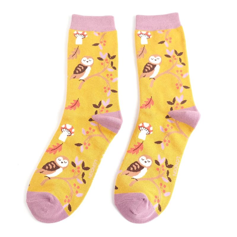 Miss Sparrow Woodland Owl Socks Yellow Super Soft Bamboo Blend