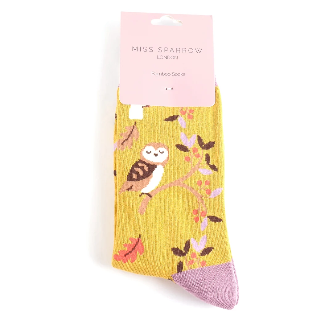 Miss Sparrow Woodland Owl Socks Yellow Super Soft Bamboo Blend