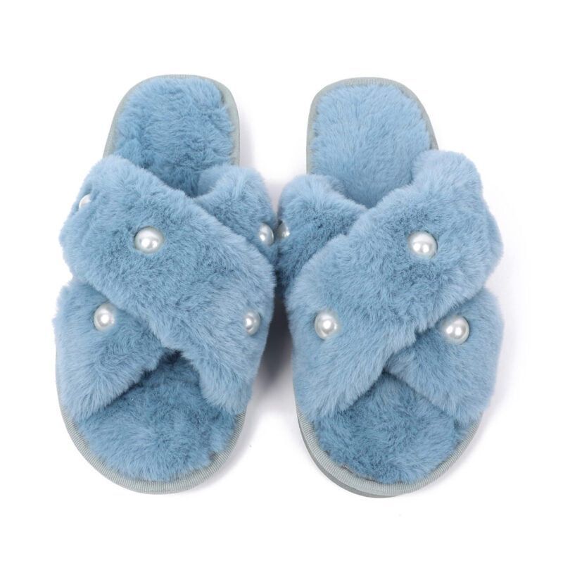 Zelly ladies Slippers Soft Fluffy Sliders Blue Style With Beads Size 7