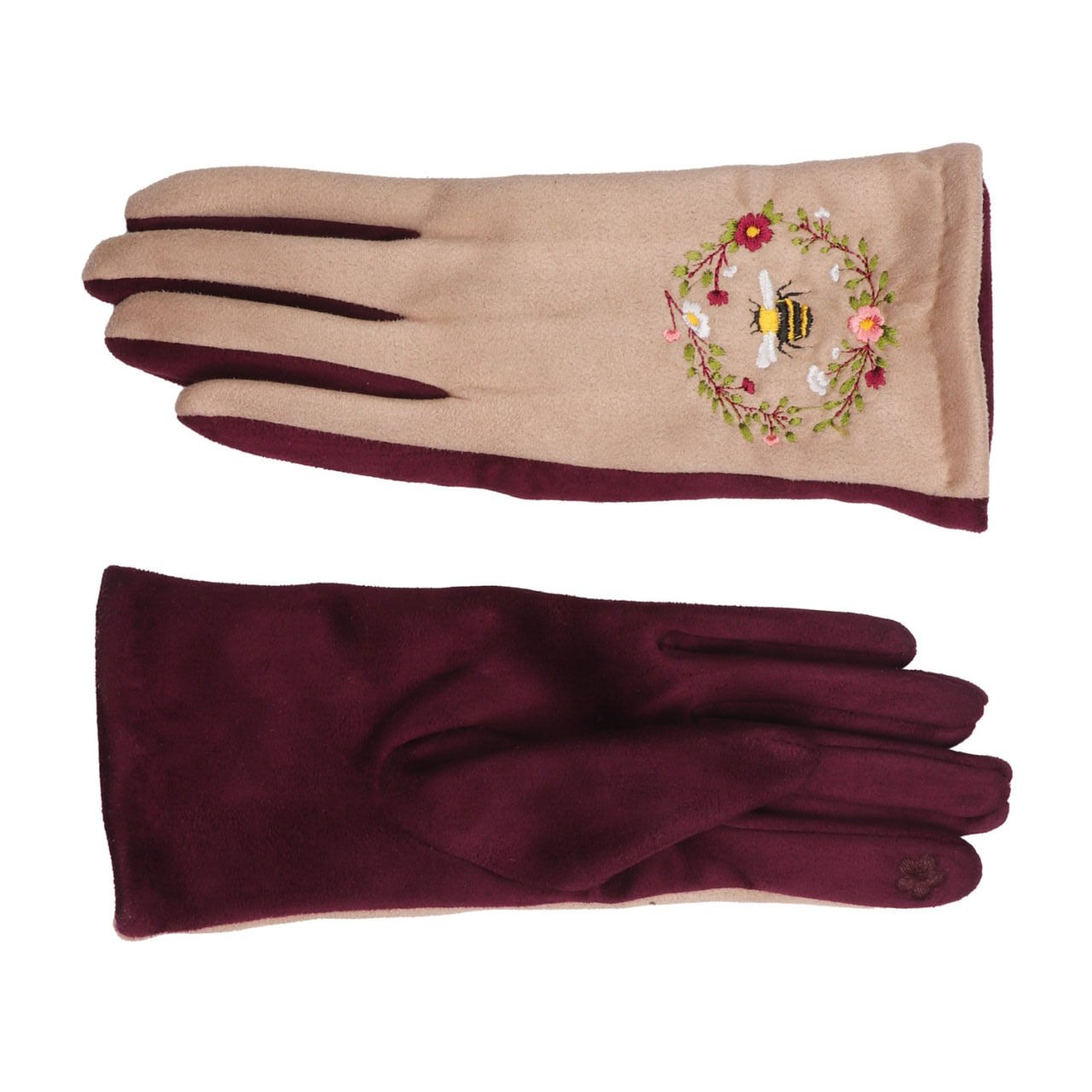 Zelly Bee Embroidered Gloves Pink Mauve Warm Stretchy Fits All