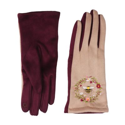 Zelly Bee Embroidered Gloves Pink Mauve Warm Stretchy Fits All