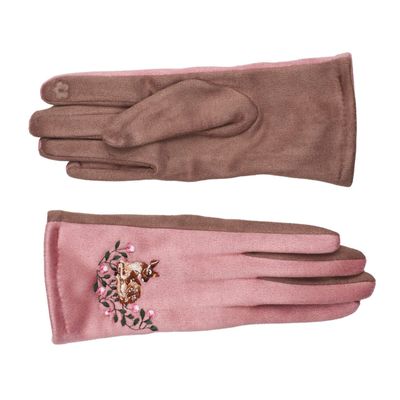Zelly Deer Embroidered Gloves Pink Grey  Warm Stretchy Fits All