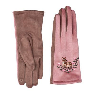 Zelly Deer Embroidered Gloves Pink Grey  Warm Stretchy Fits All