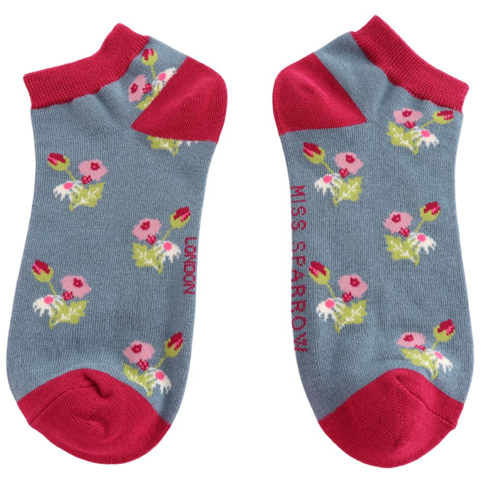 Miss Sparrow Mini Flowers Trainer Socks Denim 3 To 7