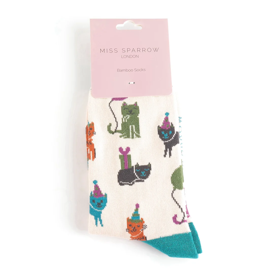 MISS SPARROW Party Cats Socks Cream Soft Breathable Bamboo