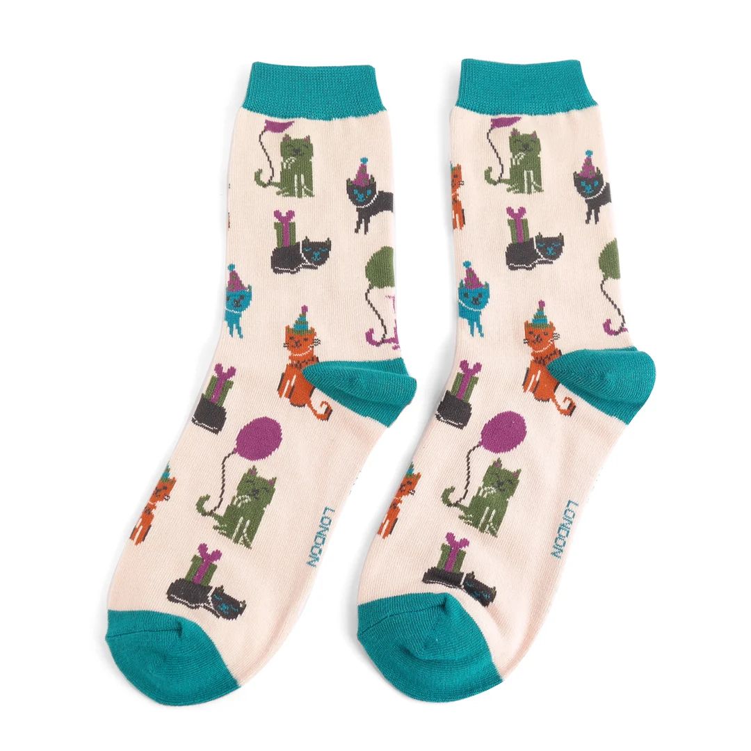MISS SPARROW Party Cats Socks Cream  Soft Breathable Bamboo