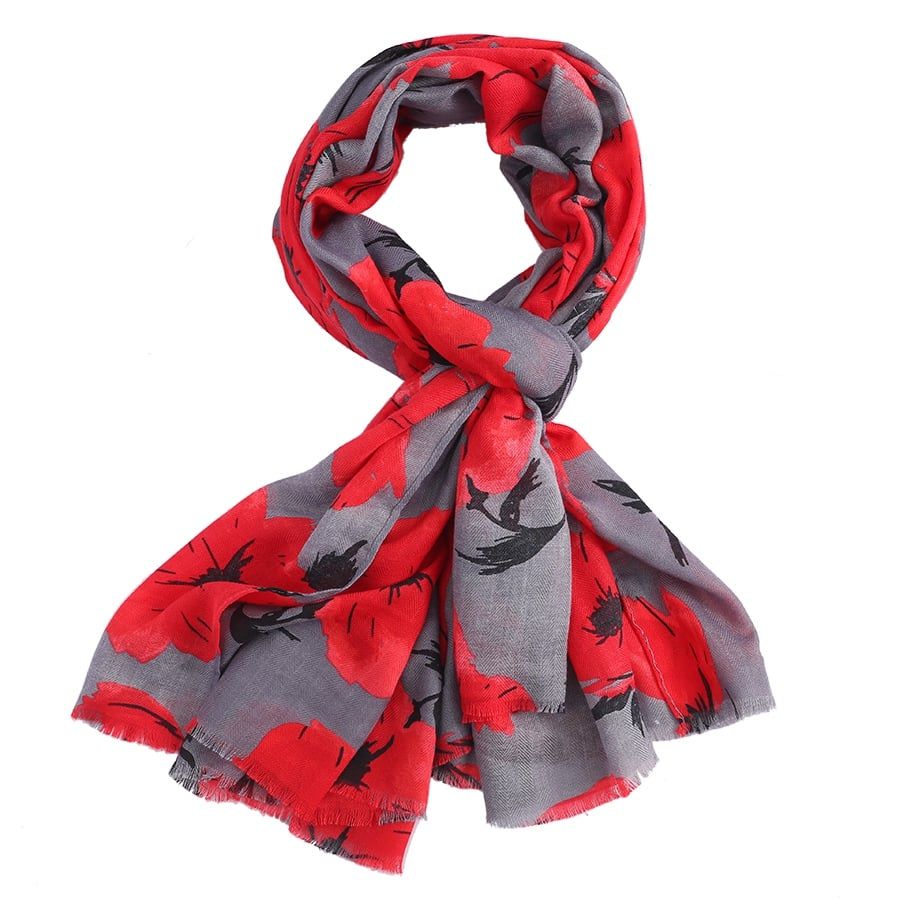 Miss Sparrow Poppies Scarf Grey Lightweight Fabric