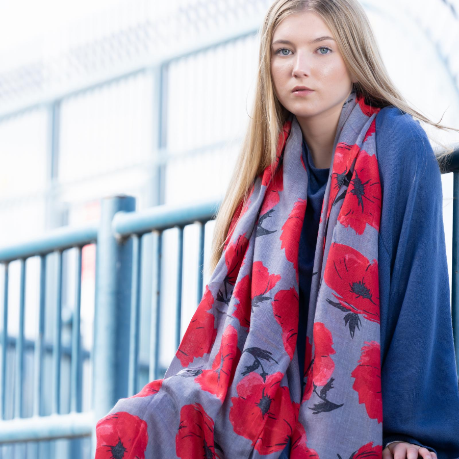 Miss Sparrow Poppies Scarf Grey Lightweight Fabric