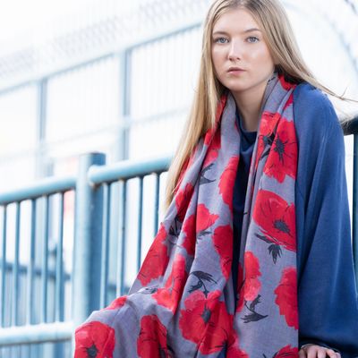 Miss Sparrow Poppies Scarf Grey Lightweight Fabric