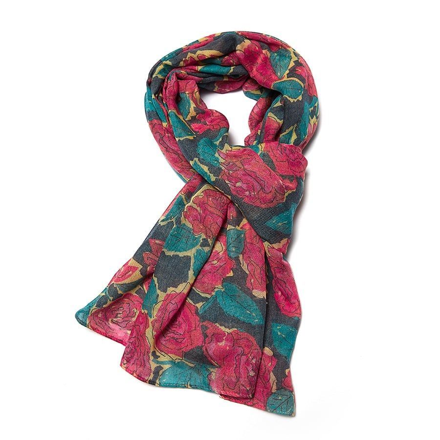 Miss Sparrow Rose Scarf  Green Pink Lightweight Fabric