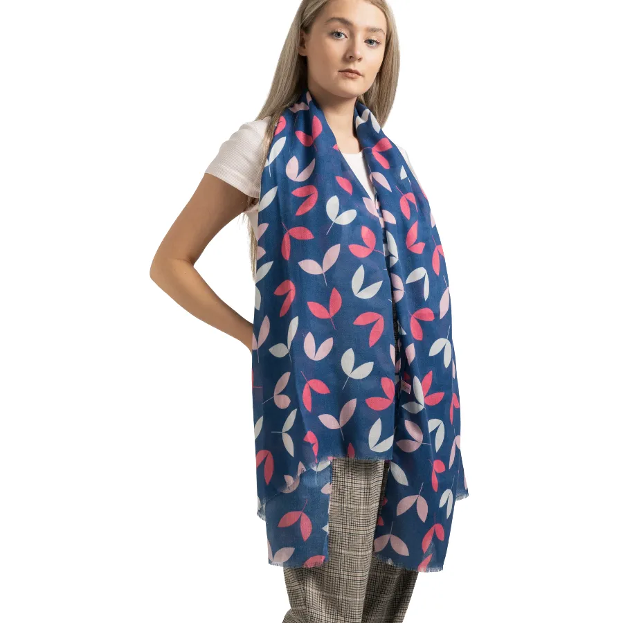 Miss Sparrow Little Leaf Scarf Navy Lightweight Fabric