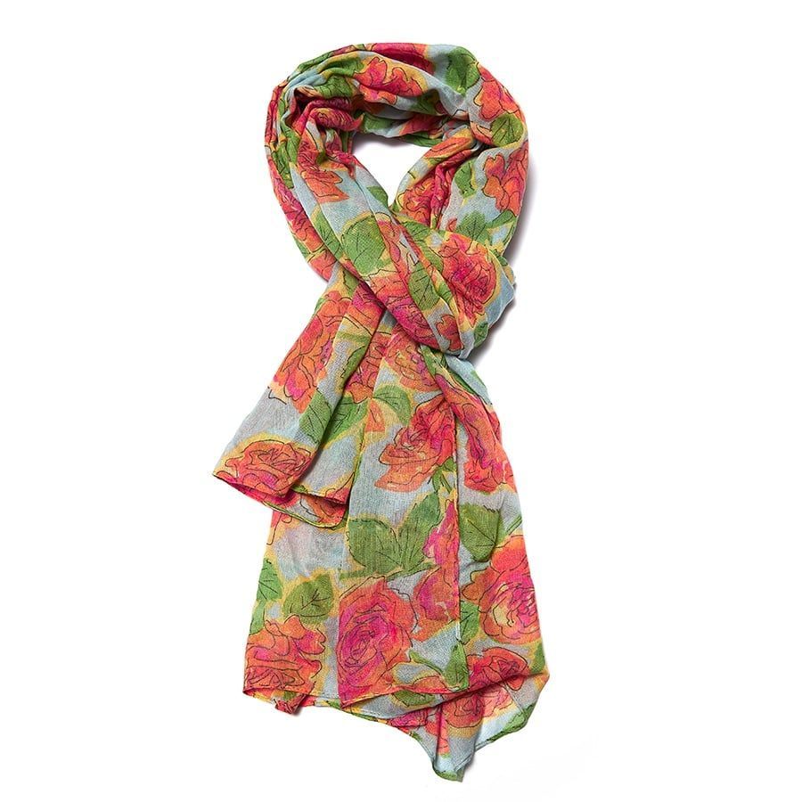 Miss Sparrow Rose Scarf  Green Pink Lightweight Fabric