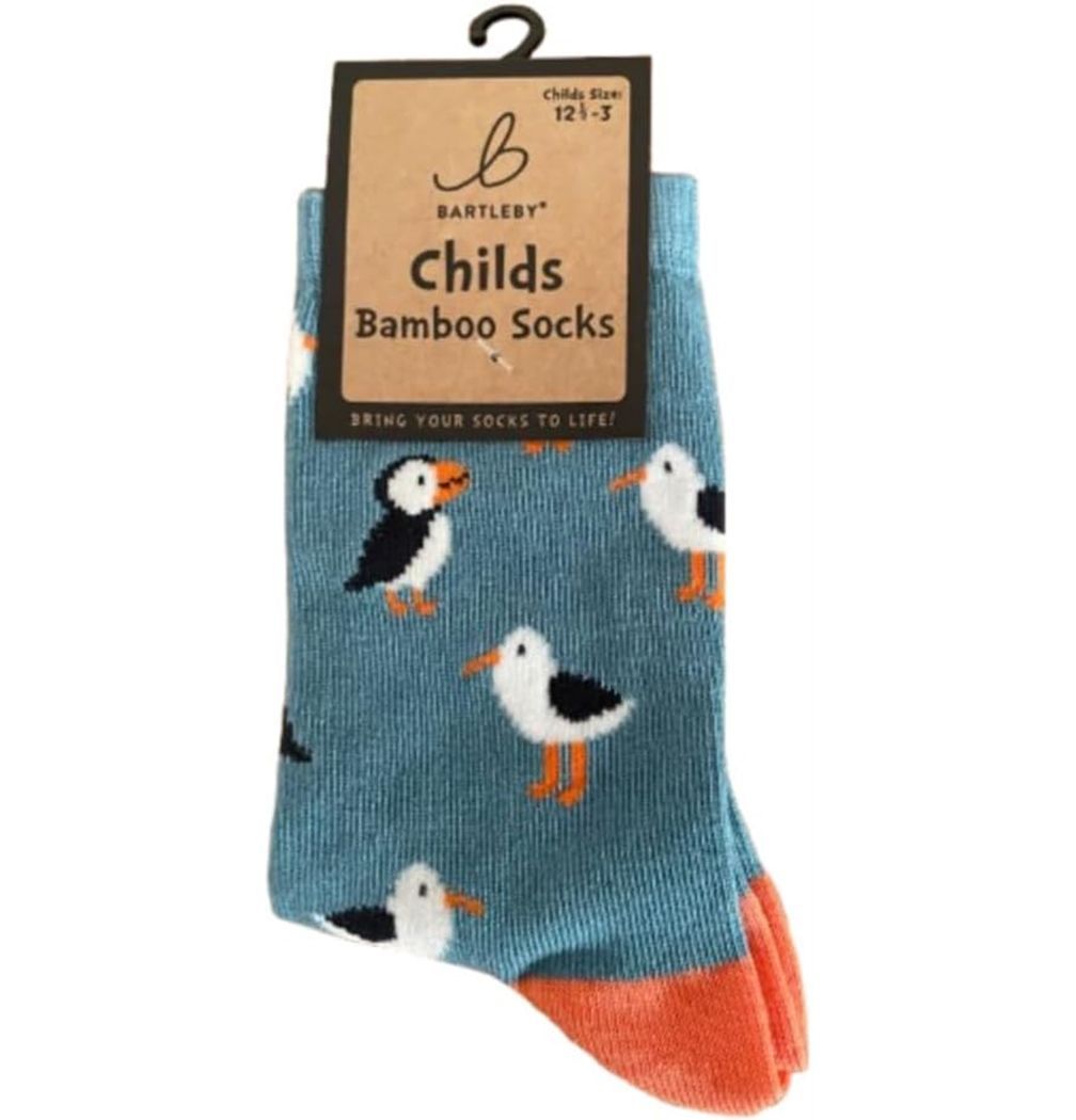 Children's Bamboo Socks Puffin Sea Birds Pattern, Blue and Orange Size 6 to 8