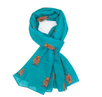 Pure Fashions Highland Cow Heilan Coo Scarf Teal Soft Lightweight