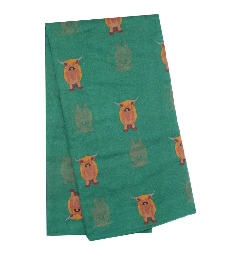 Pure Fashions Highland Cow Heilan  Coo Scarf Green
