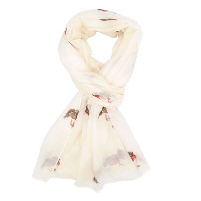 Red Cuckoo Robin Scarf White Soft Lightweight Polyester