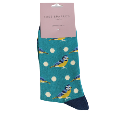 MISS SPARROW Blue Tit Bird Spots Socks Super Soft Bamboo Mix Teal 1 Pair Size 4 to 7