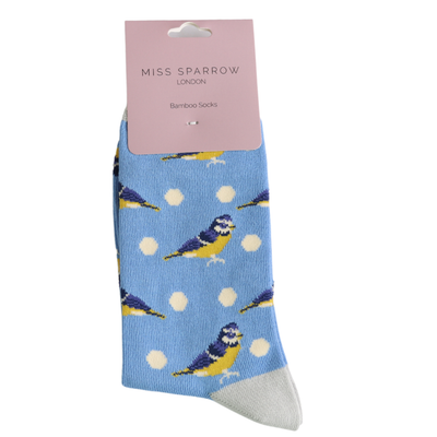 MISS SPARROW Blue Tit Bird Spots Socks Super Soft Bamboo Mix Blue 1 Pair Size 4 to 7