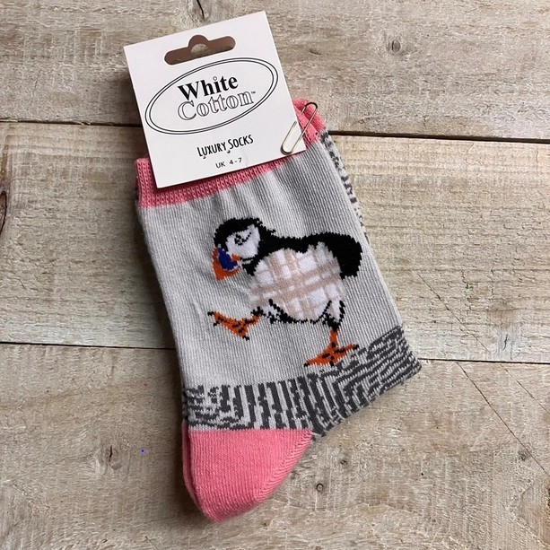 Puffin Socks Luxury Cotton Blend Pink Grey Size 4 to 7