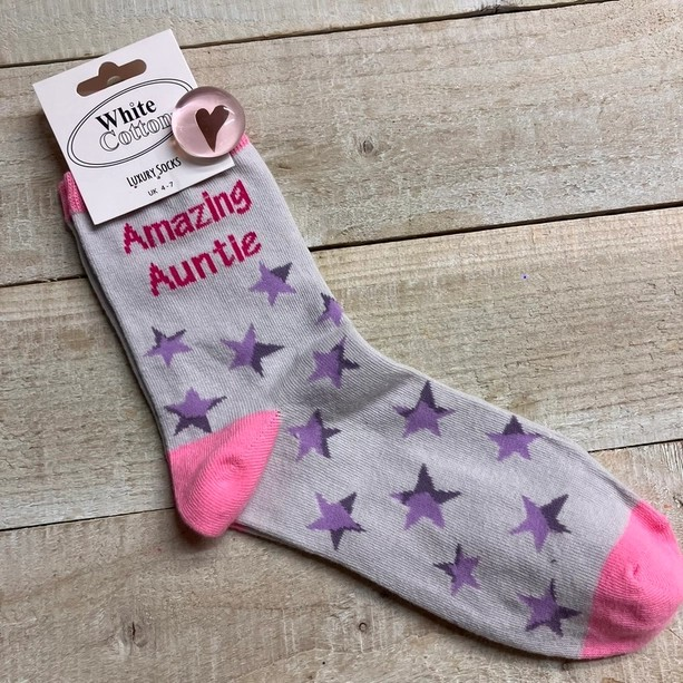 White Cotton  Amazing Auntie Socks Luxury Blend Pink Grey Size 4 to 7