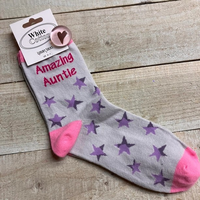White Cotton Amazing Auntie Socks Luxury Blend Pink Grey Size 4 to 7