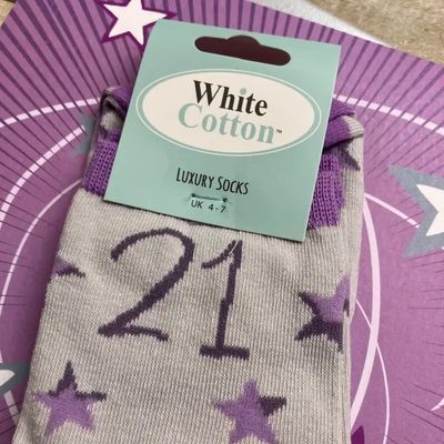 Birthday Card Socks 21st Lilac Grey Size 4 to 7
