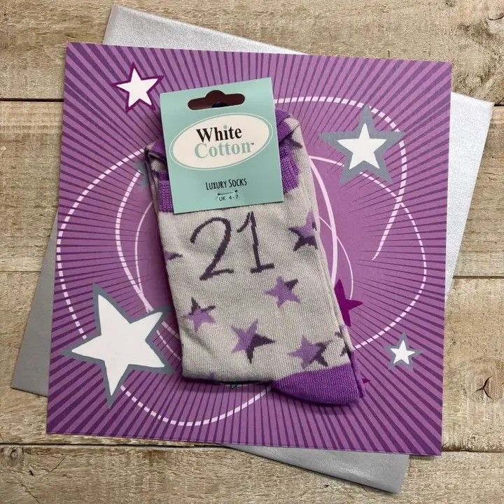 Happy Birthday Socks Card 21 st  Lilac Grey Size 4 to 7