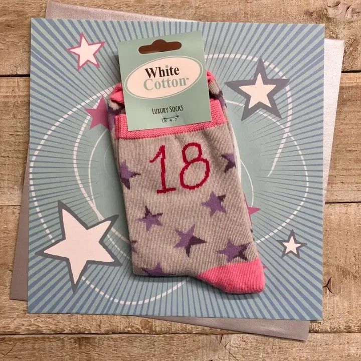 18th Happy Birthday Socks Card Lilac  Pink Grey Size 4 to 7