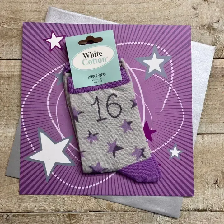 16th Happy Birthday Socks Card Lilac  Pink Grey Size 4 to 7