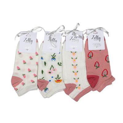 Zelly Strawberry Trainer Socks  Soft Breathable Cotton Spandex  Pack of 4 Size 3 to 7