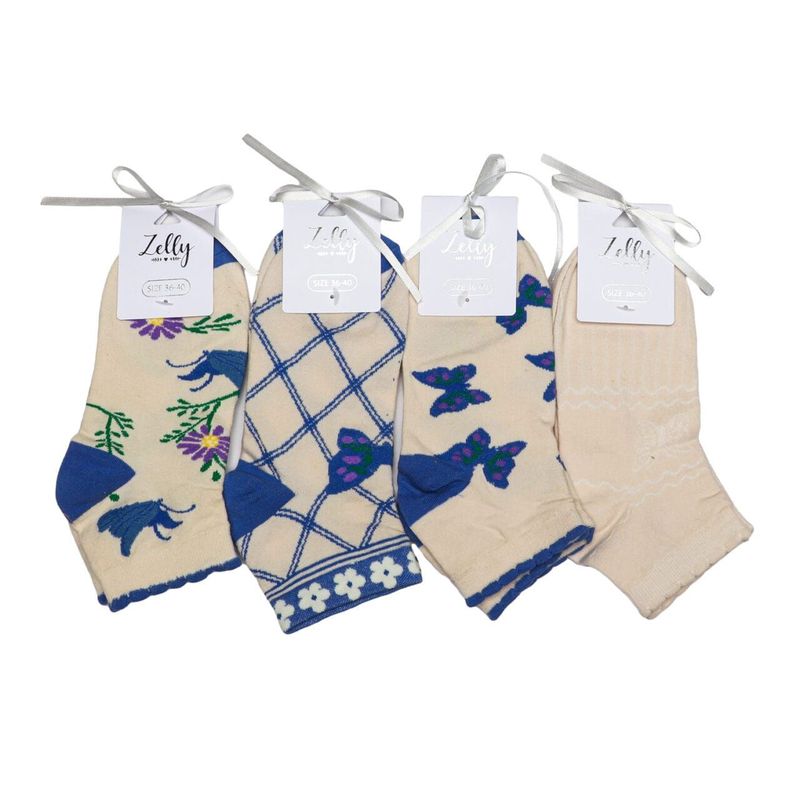 Zelly Womens Trainer Butterfly Socks Cream Blue Size 3 to 7 Pack 4