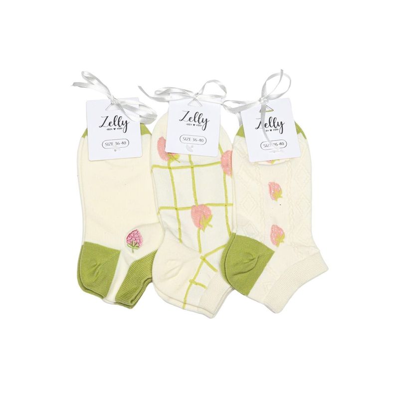 Pack 3 Zelly Trainer Socks  Womens Strawberry  Cream Green  Size 3 to 7